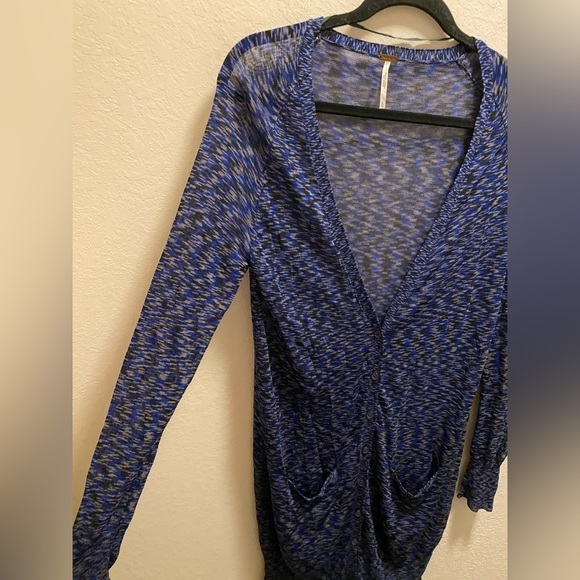 Free People Blue Space Dye Sheer Long Line V-Neck Cardigan Size Large - Picture 6 of 12